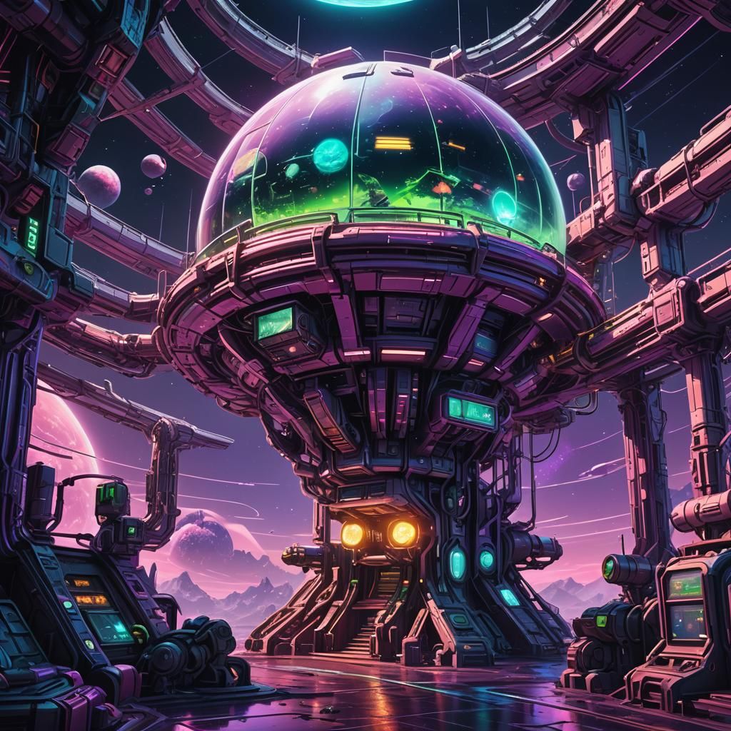 Vibrant Space Station Orbiting Planet in Cyberpunk Style