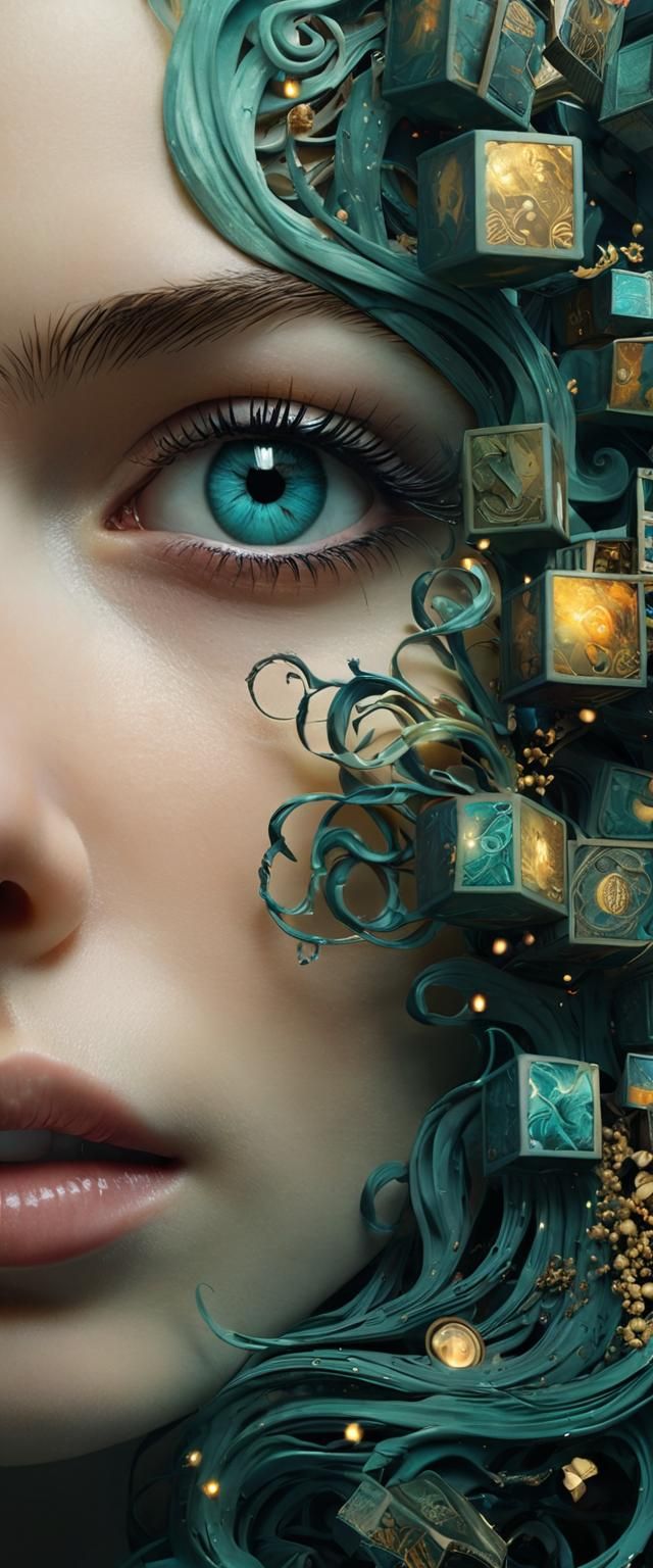 Dark Art Nouveau Figure Ensnared by Swirling Tetris Blocks