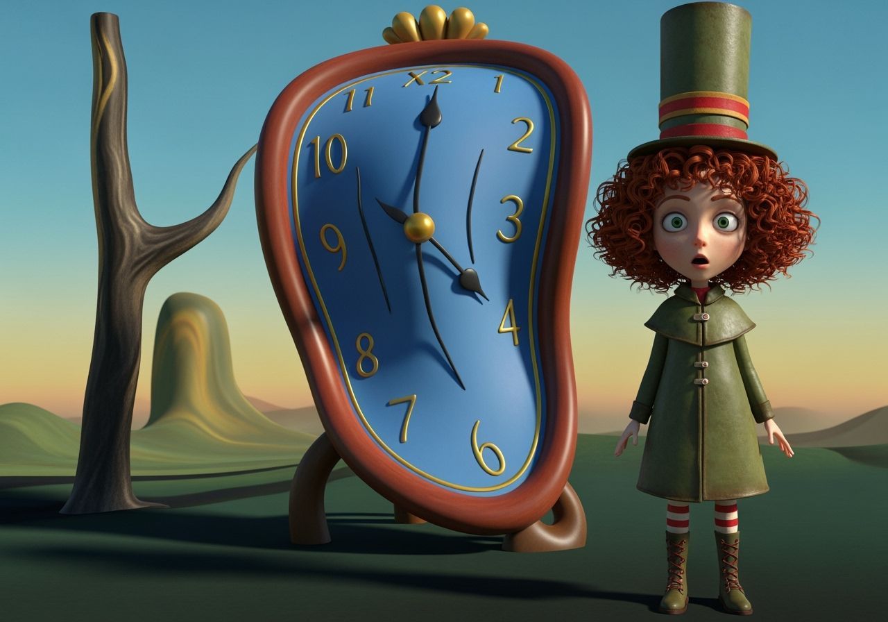 Surreal Melting Clock with Surprised Girl in Dreamscape