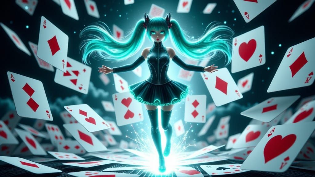 Surreal Scene of Hatsune Miku Emerging from Playing Cards