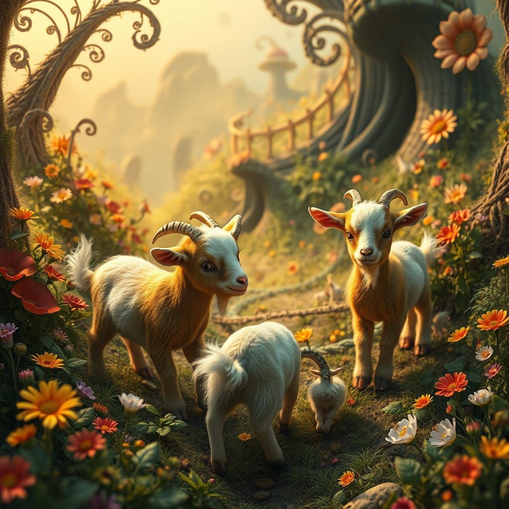 Dreamlike Whimsy of Baby Goats in Vibrant Landscapes