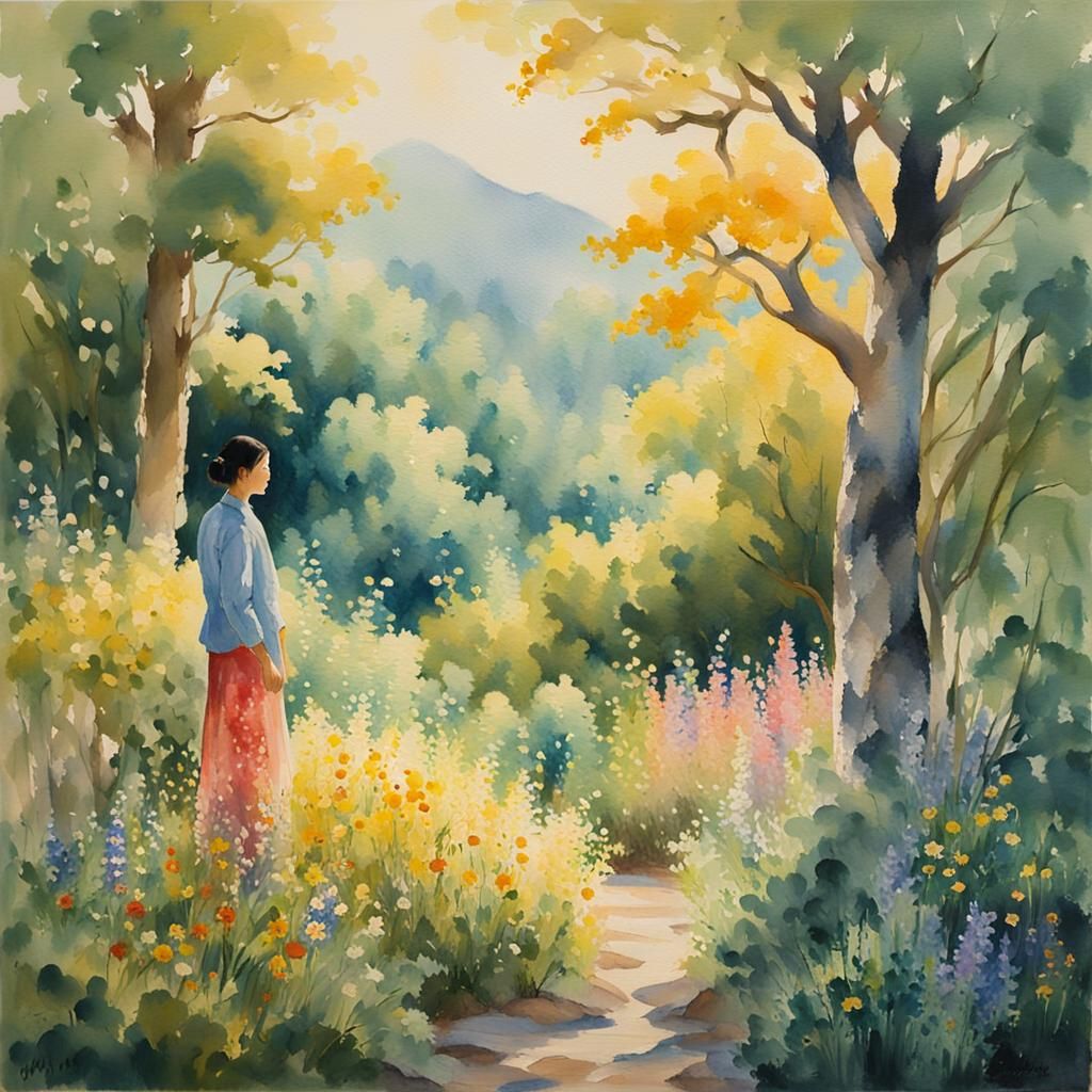 Shen Zhan in Serene Gouache Watercolor Landscape