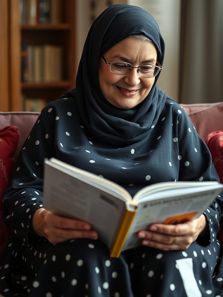 Photorealistic Portrait of a Wise Hijabi Woman Reading
