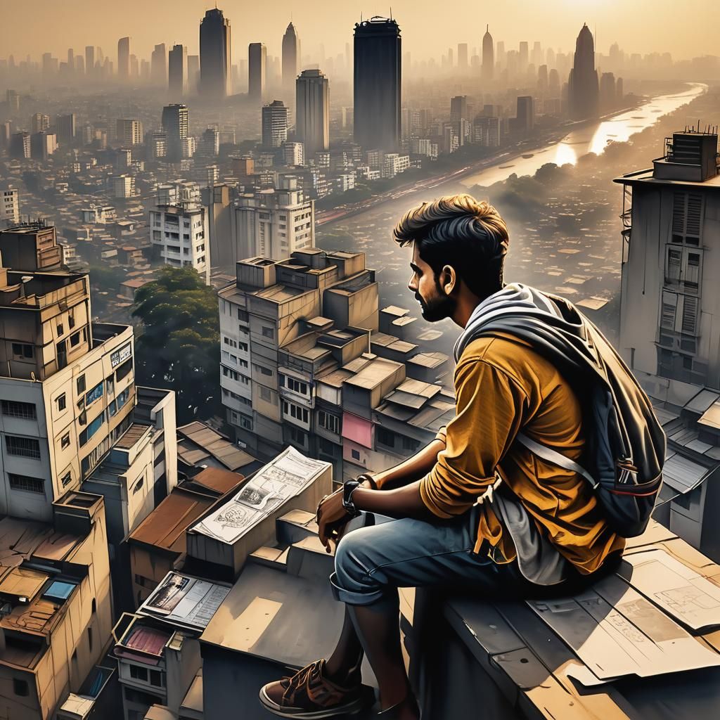 Mumbai Rooftop in Street Art Pencil Drawing