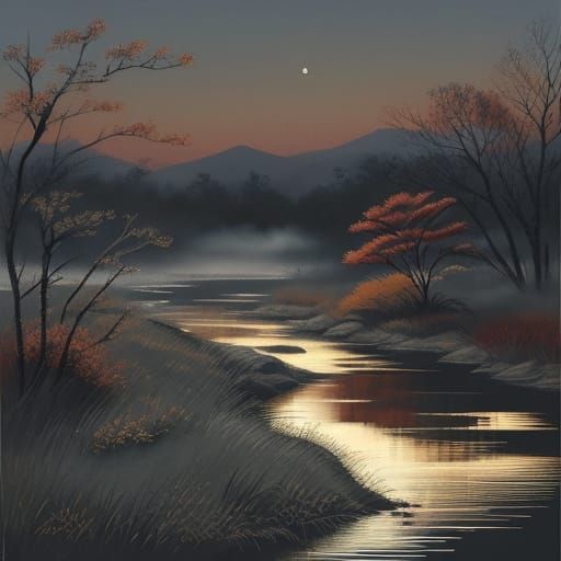 Sumi-e Fox by River at Sunset