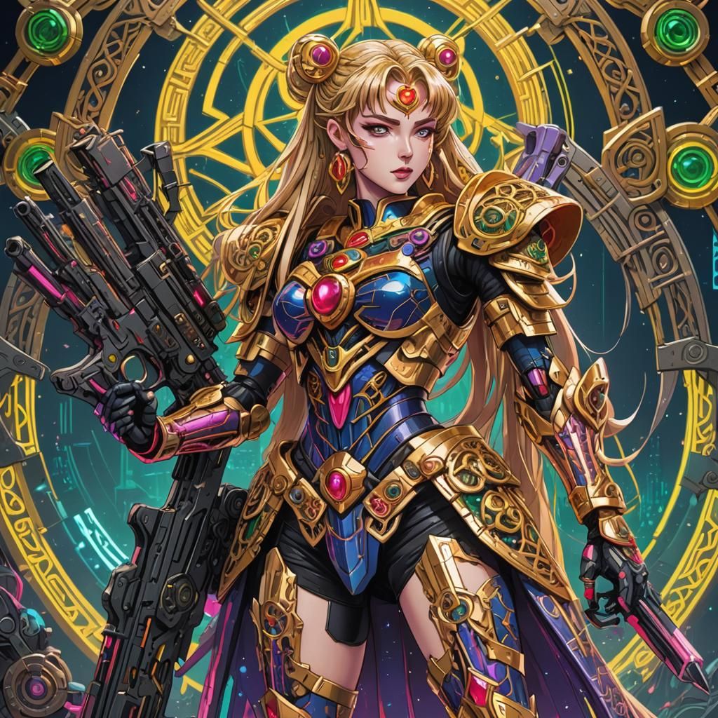 Sailor Moon Celtic Warrior and Cyberpunk Crossbow Mech