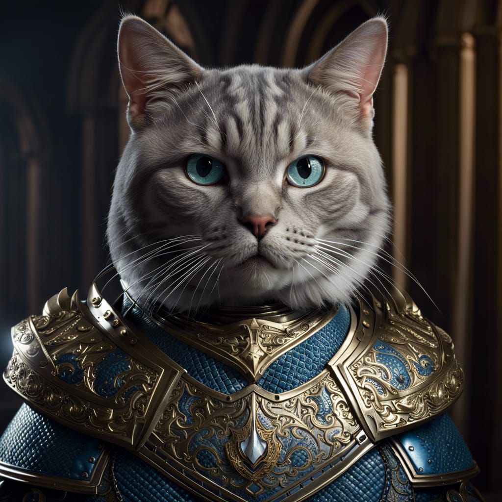 Cat Knight Portrait in Ornate Blue Armor
