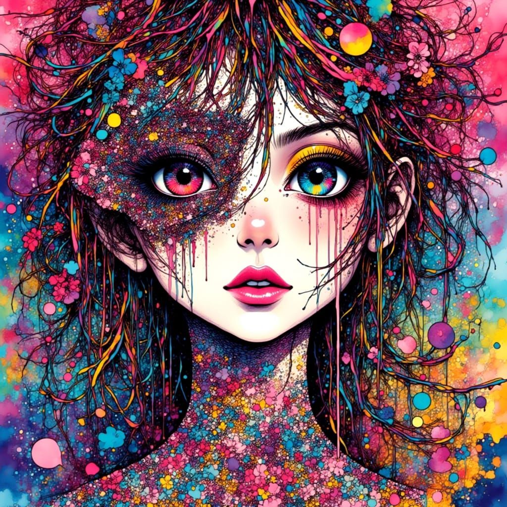 80s Anime Portrait of Fractured Woman with Zentangle Pattern...