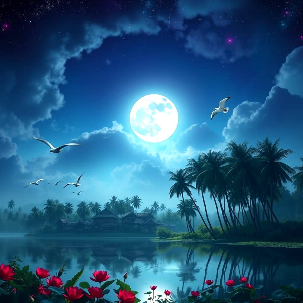 Ethereal Night Sky: Lake, Lotus, and Village Trees