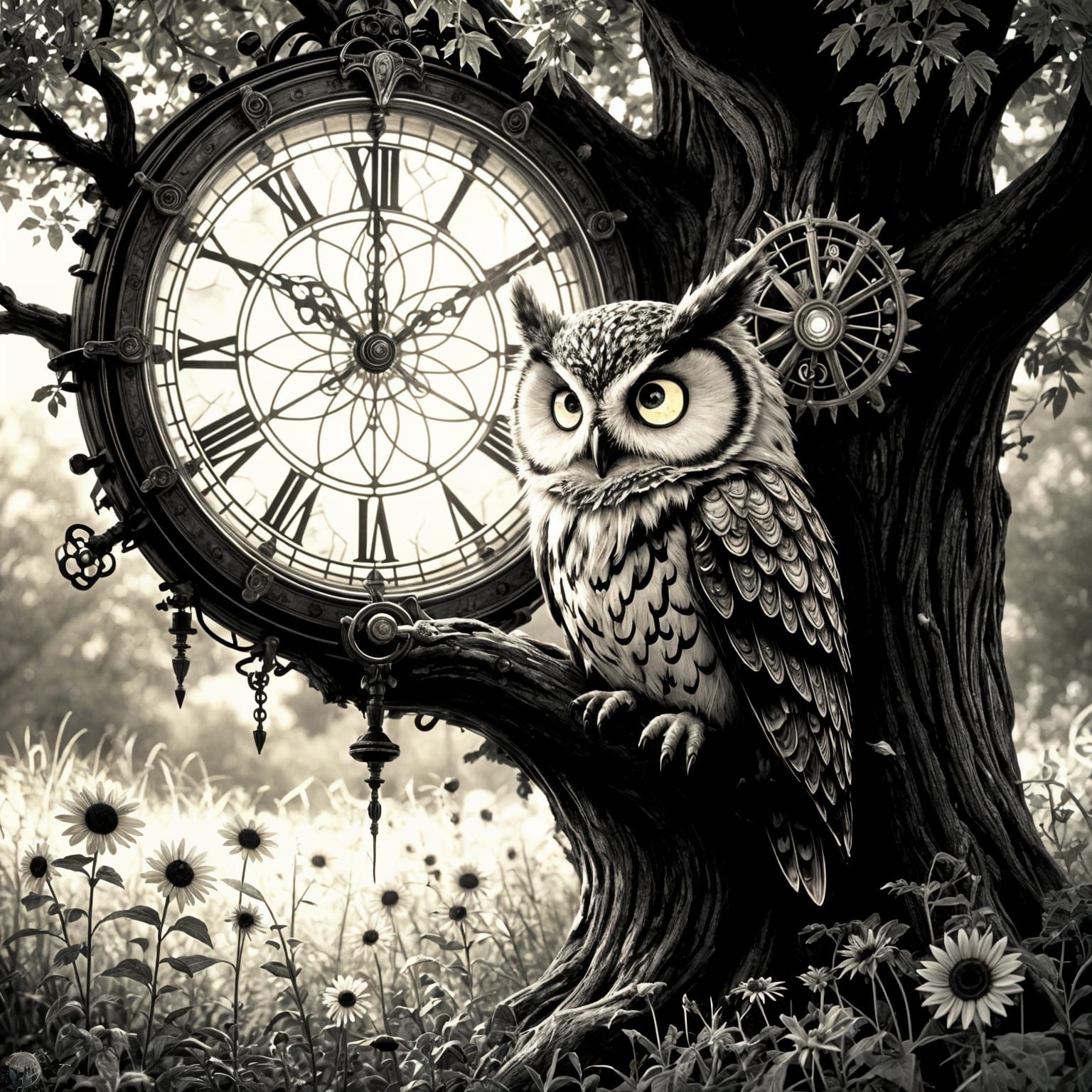Clockwork Owl Perched on Tree of Life