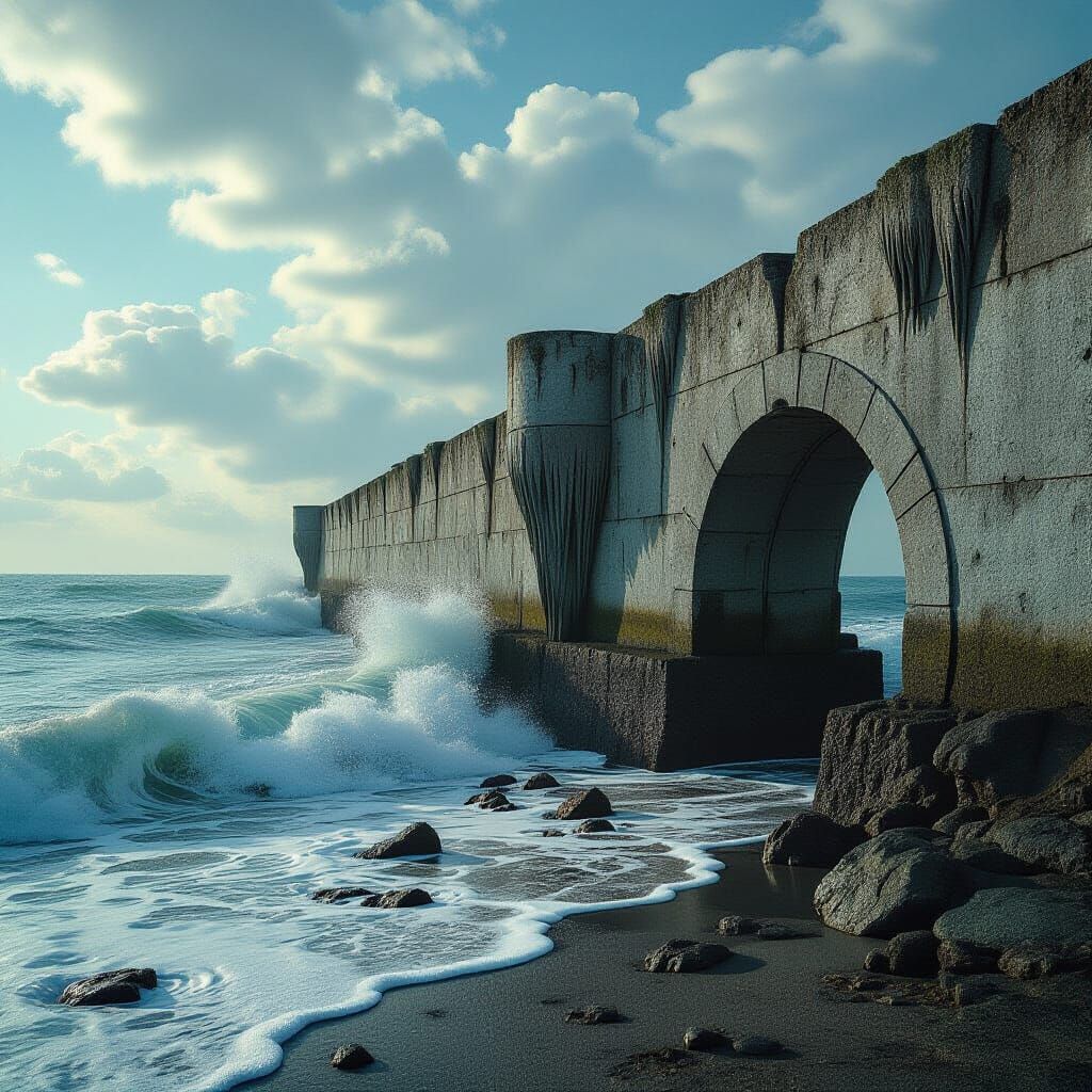 Brutalist Seawall Confronts Petrified Ocean, Dreamlike Atmos...