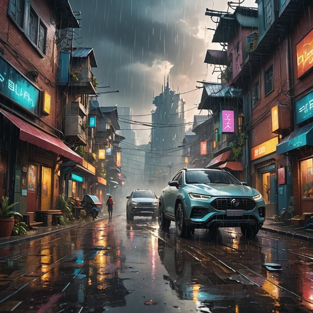 Futuristic Rainy Village in Hyperrealistic Splash Art