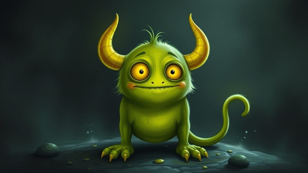 Cute Chartreuse Monster Illuminates Dark Landscape