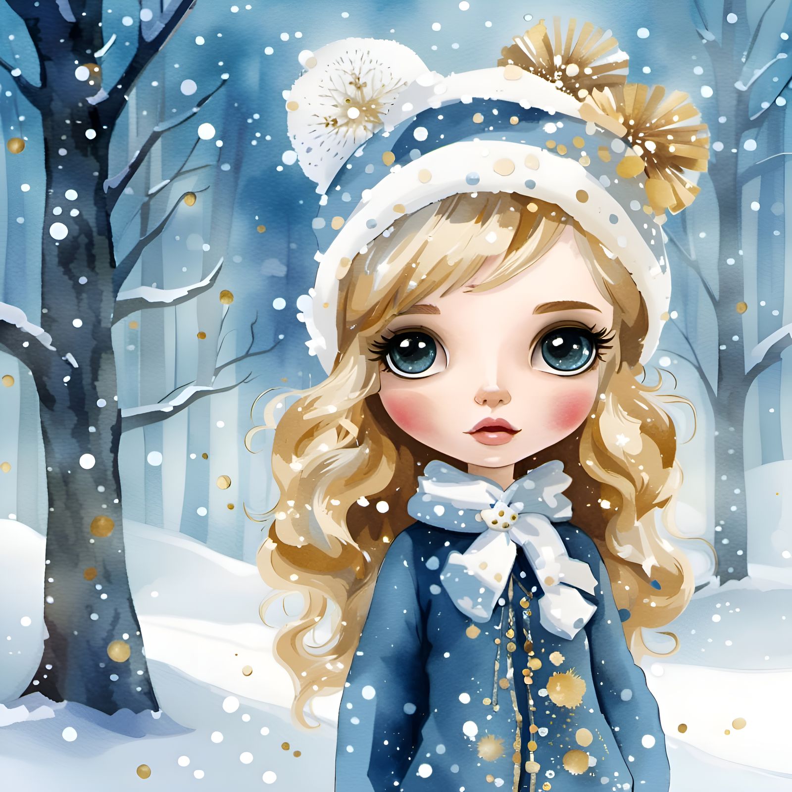 Snowy Blythe Doll Portrait in Watercolor Art Style