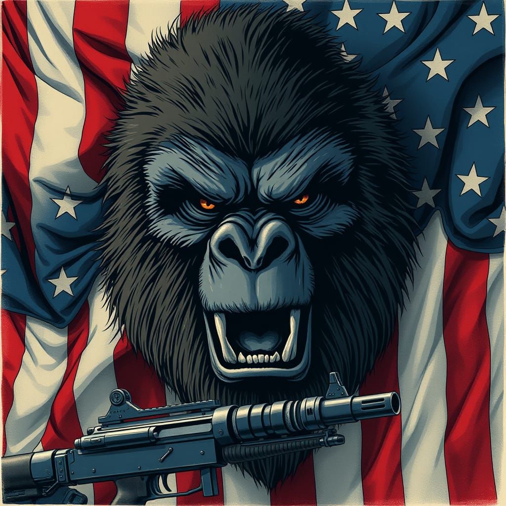 A Bigfoot head and face faded into an American flag with a machine gun in the bottom left corner