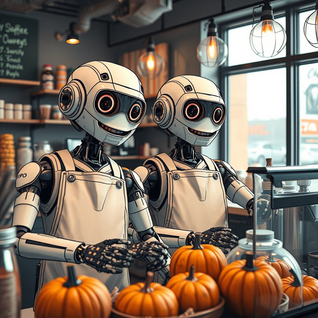 Happy Robots in Coffee Shop Doodle