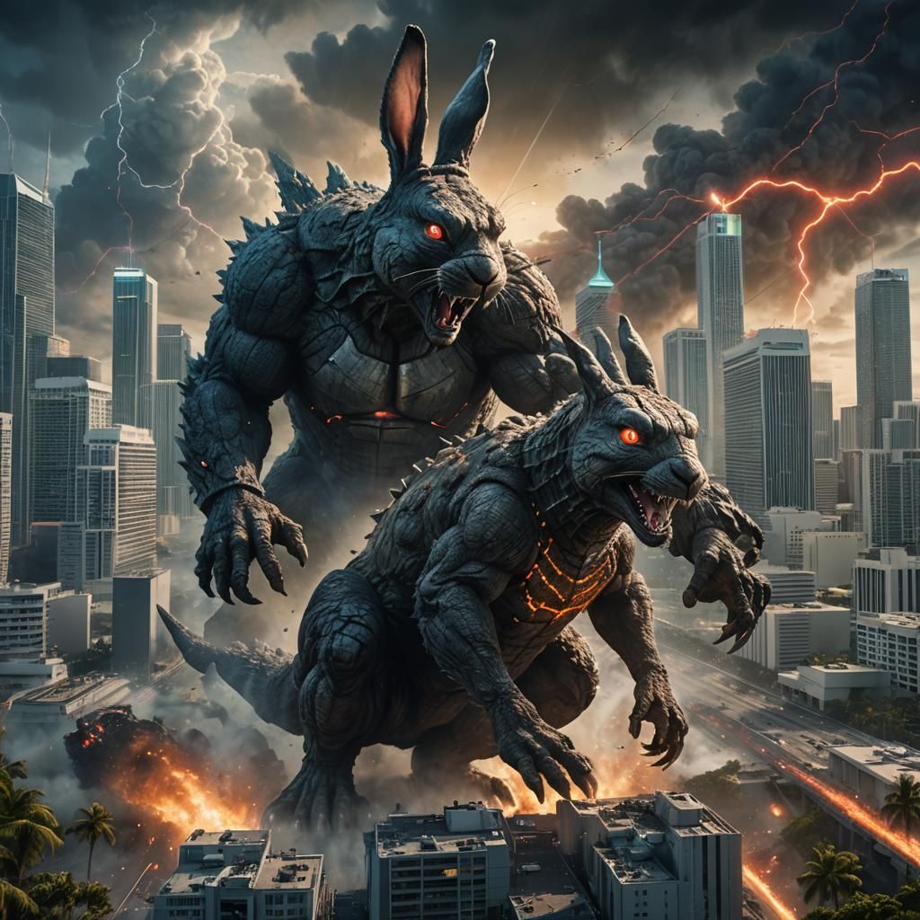 Giant Rabbit with Laser Eyes Battles Godzilla