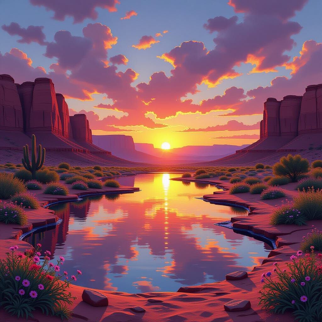 Desert Oasis Sunset: A Matte Painting Landscape