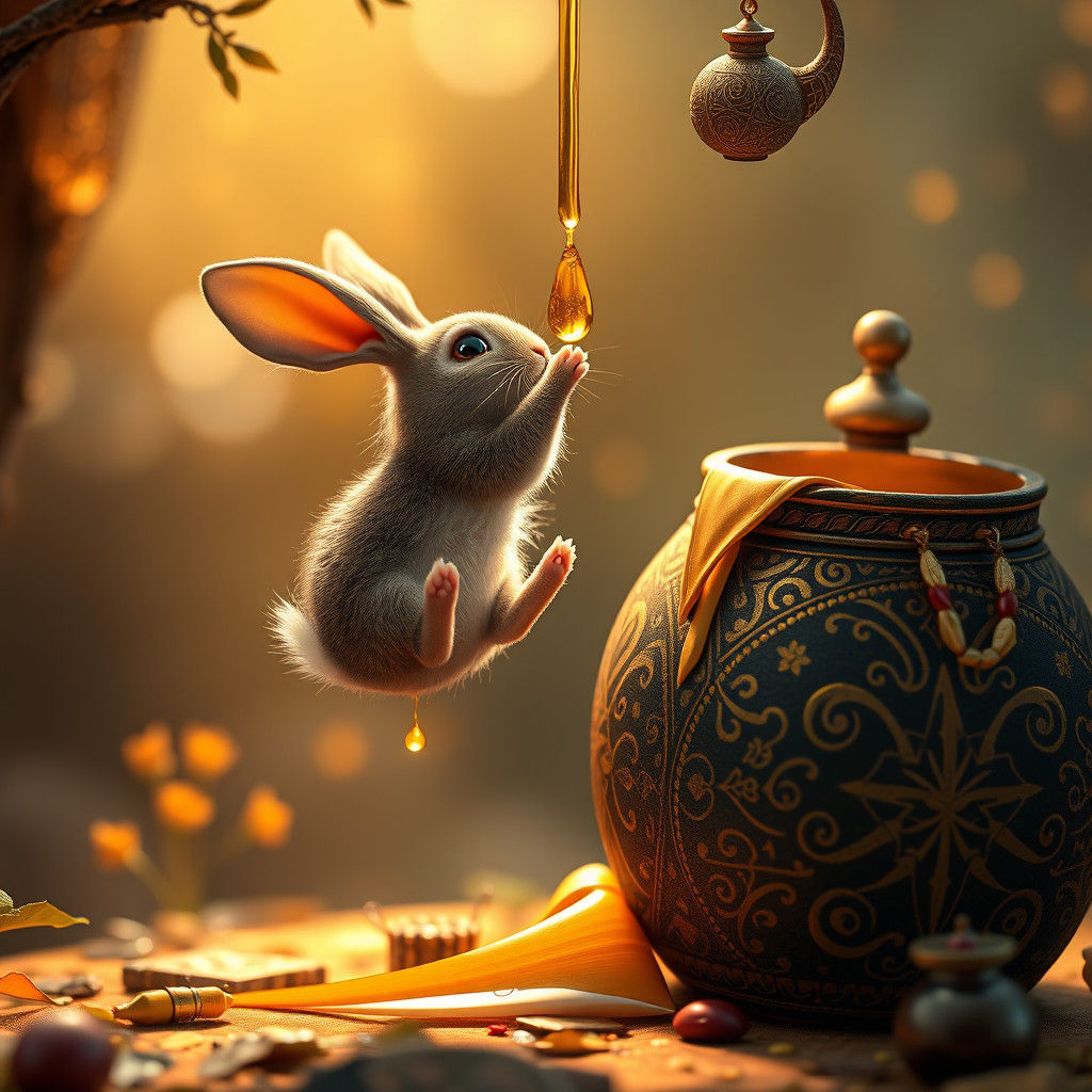 Rabbit Reaching for Honey in Dreamlike Matte Painting