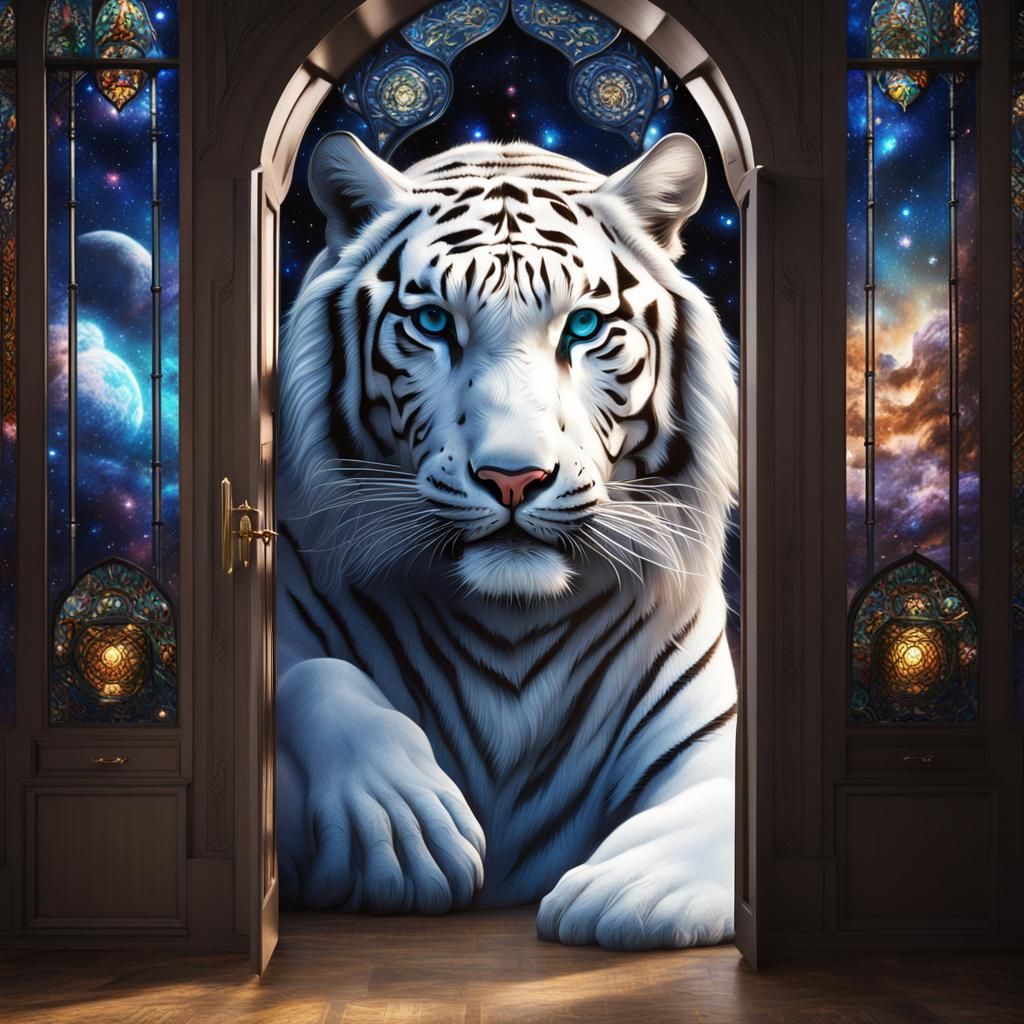 White Tiger and Galaxy Stained Glass Door