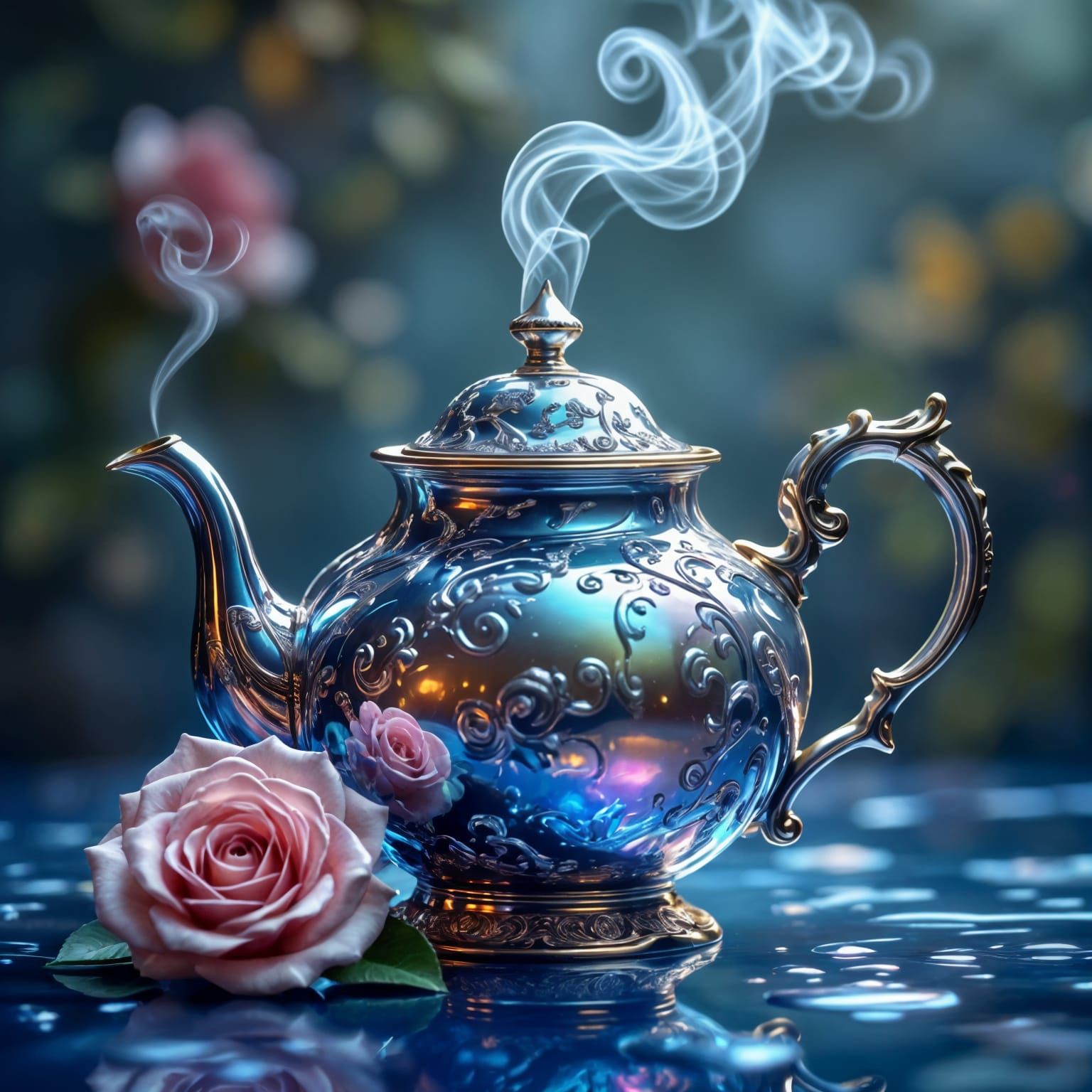 Surreal Mercury Teapot with Moonlight Rose