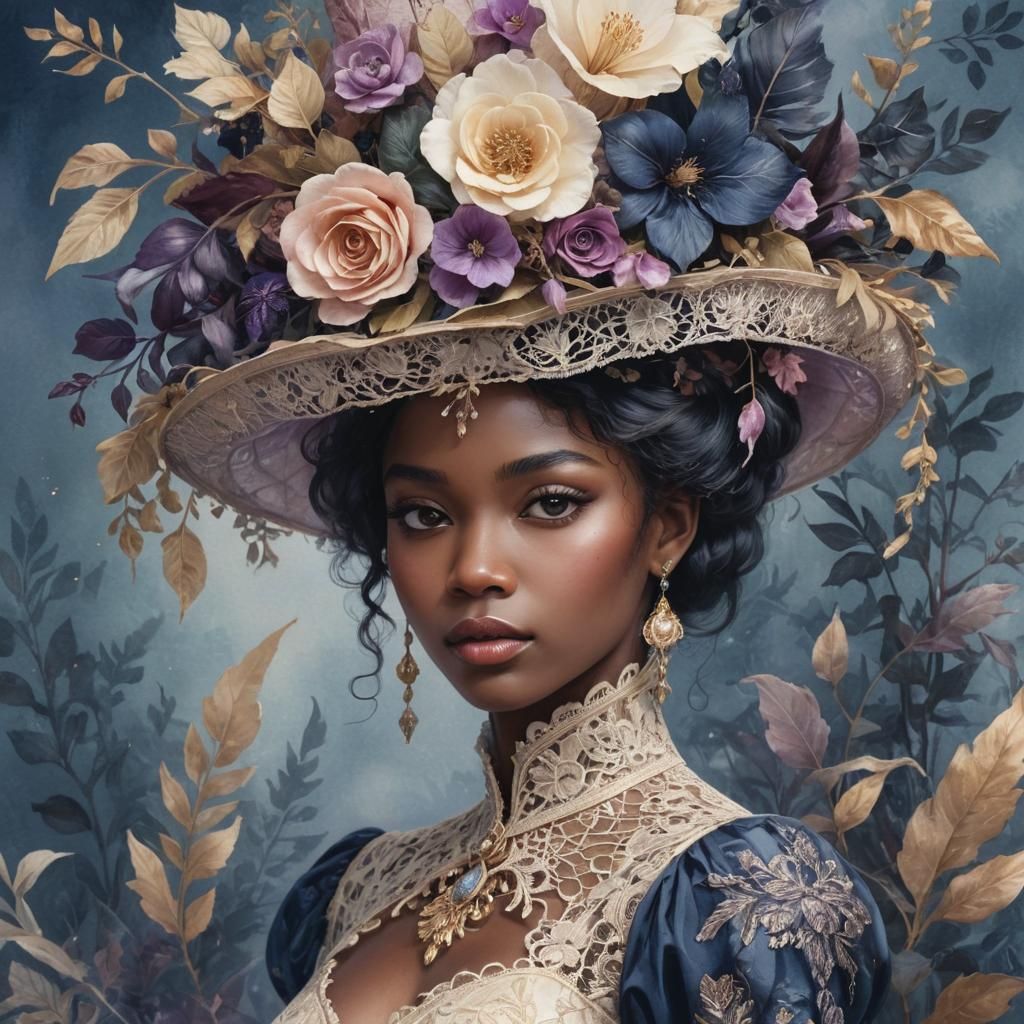Fantasy Art: Ebony Girl in Floral Hat