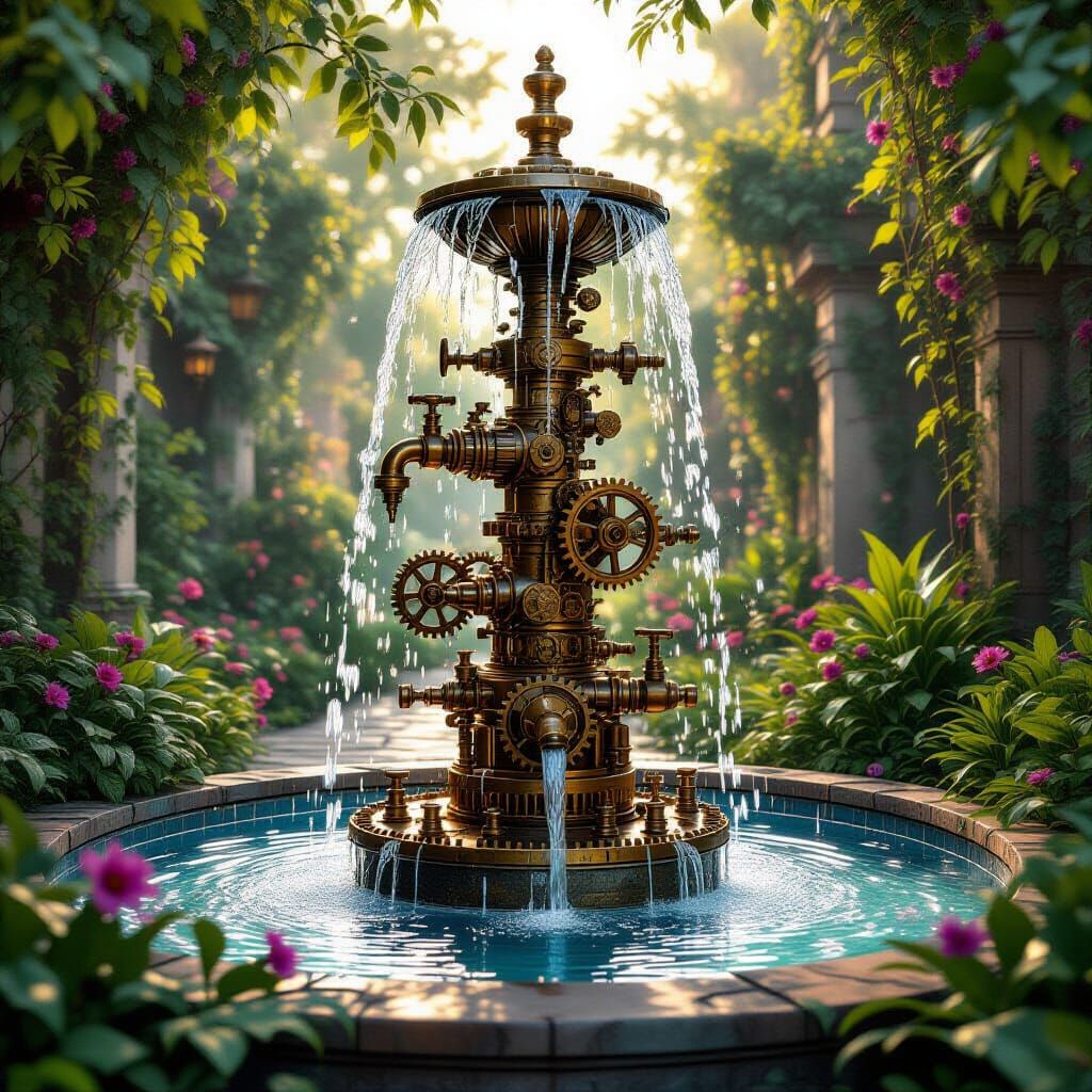 Steampunk Fountain with Iridescent Liquid and Lush Garden
