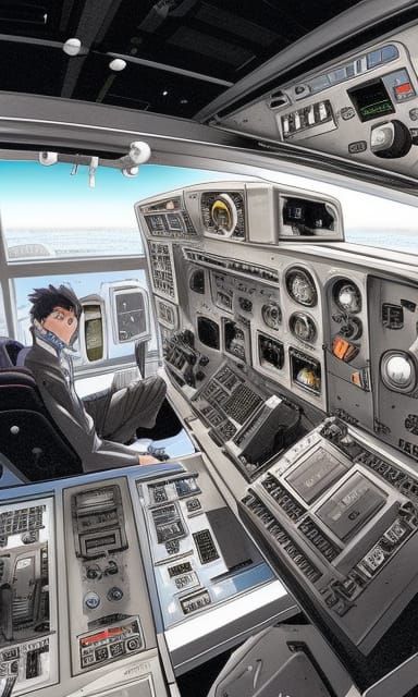 Mecha Cockpit Scene in Cel-Shaded Manga Style