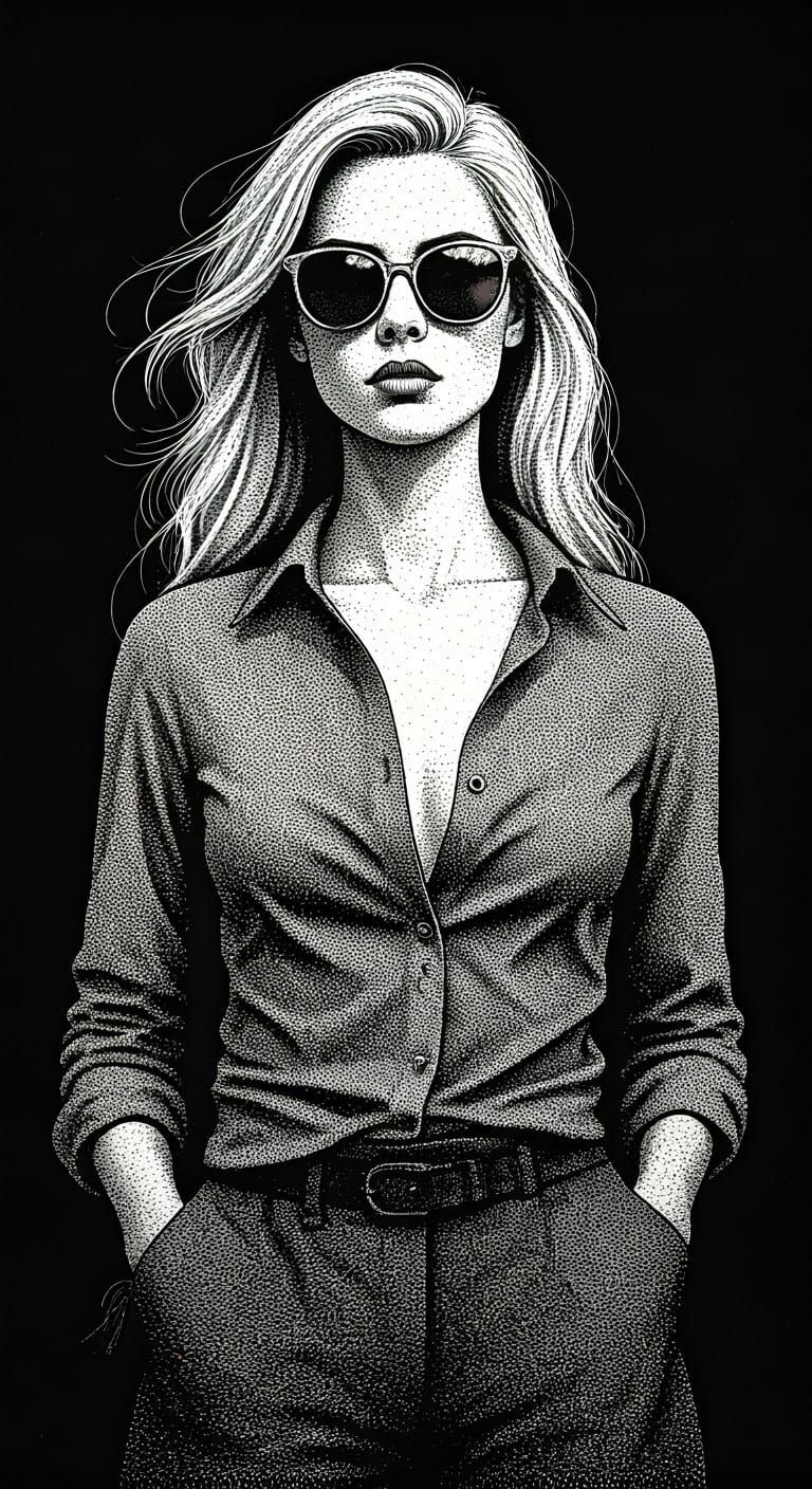 Pointillist Portrait of a Girl with Sunglasses