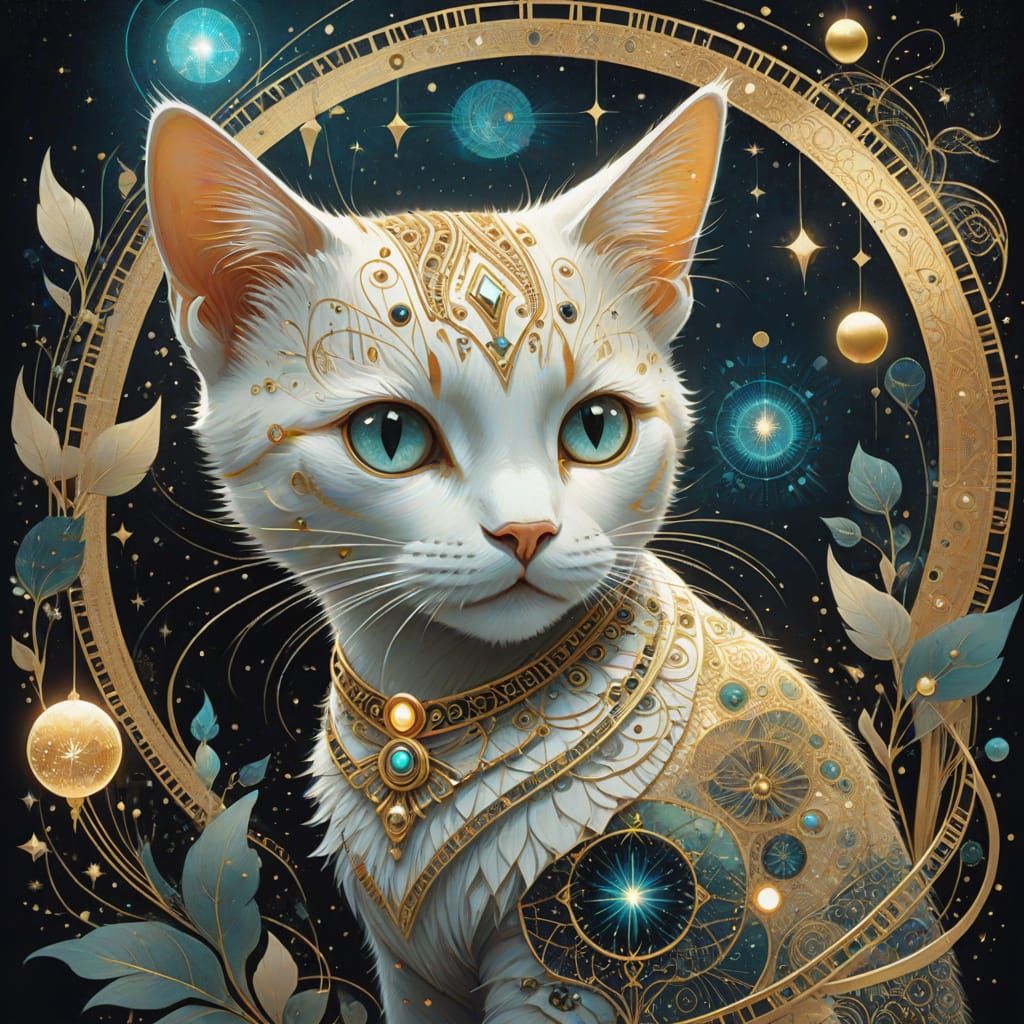 Celestial Holographic Kitten in Mixed Media