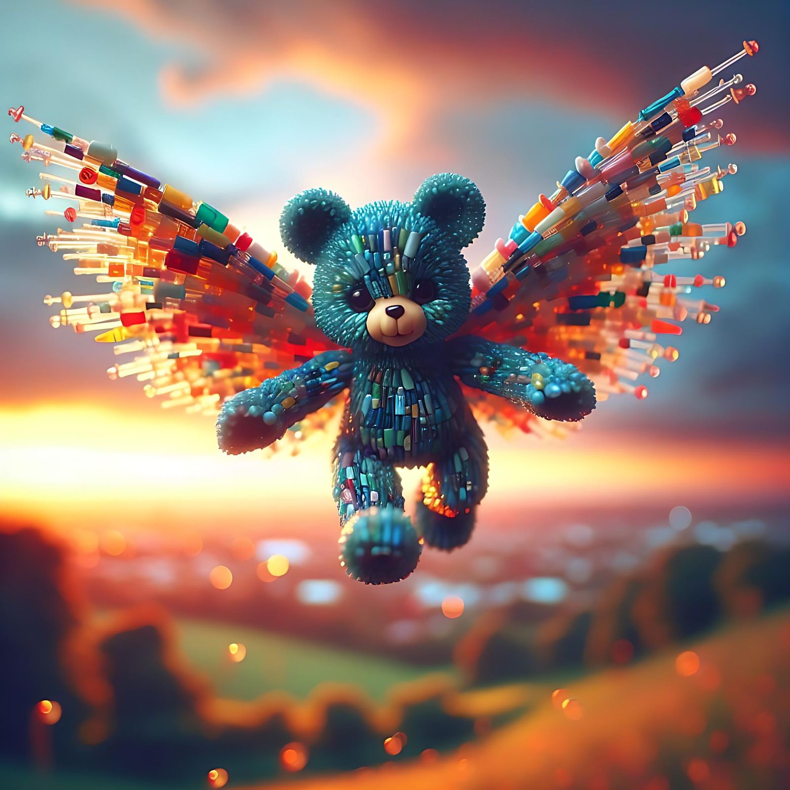 Flying Pixie Bear Made of Toys at Sunset