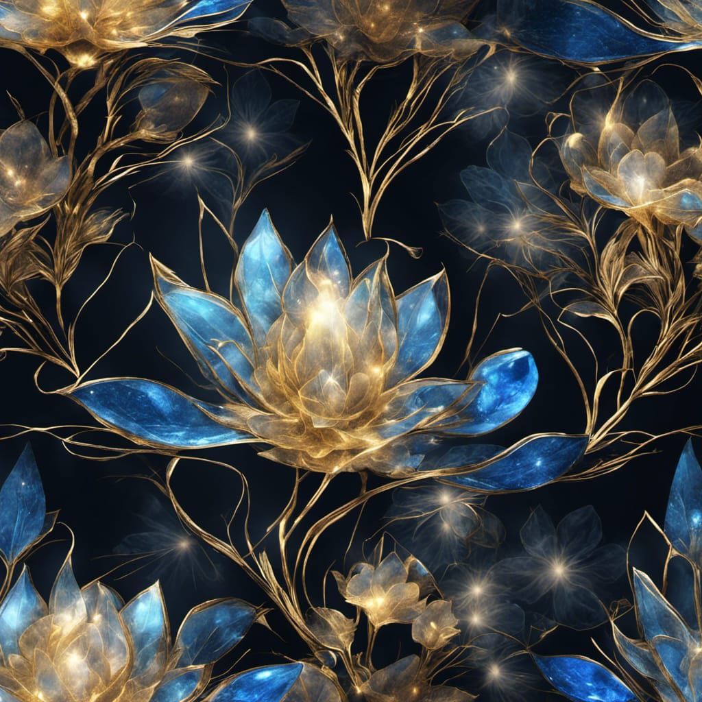 Blue and Gold Crystal Flowers in Magical Forest