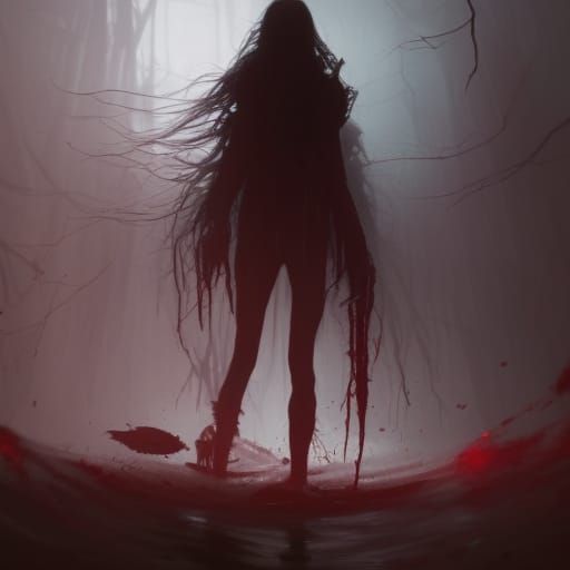 Ethereal Woman in Blood-Red Water: Dark Fantasy Art