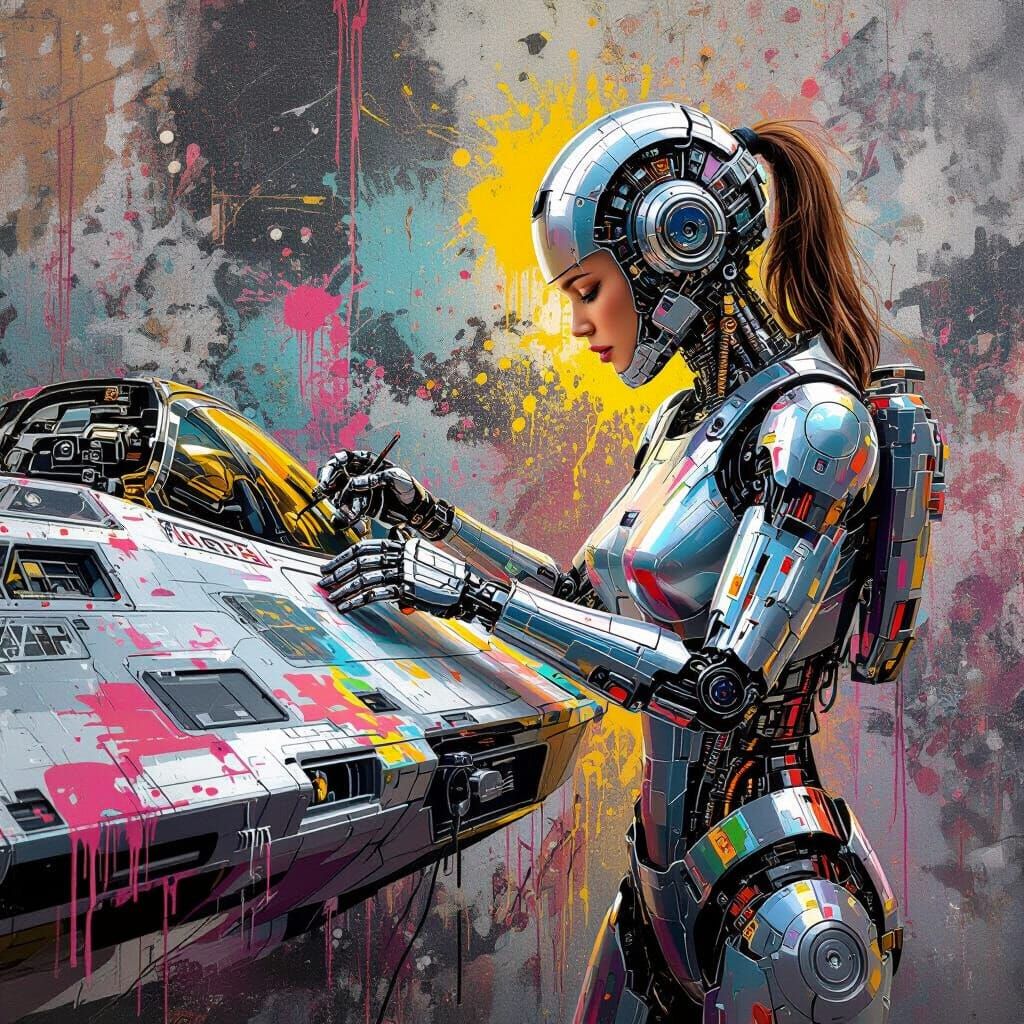 Robot Mechanic Repairs Spaceship Amidst Vibrant Graffiti Art