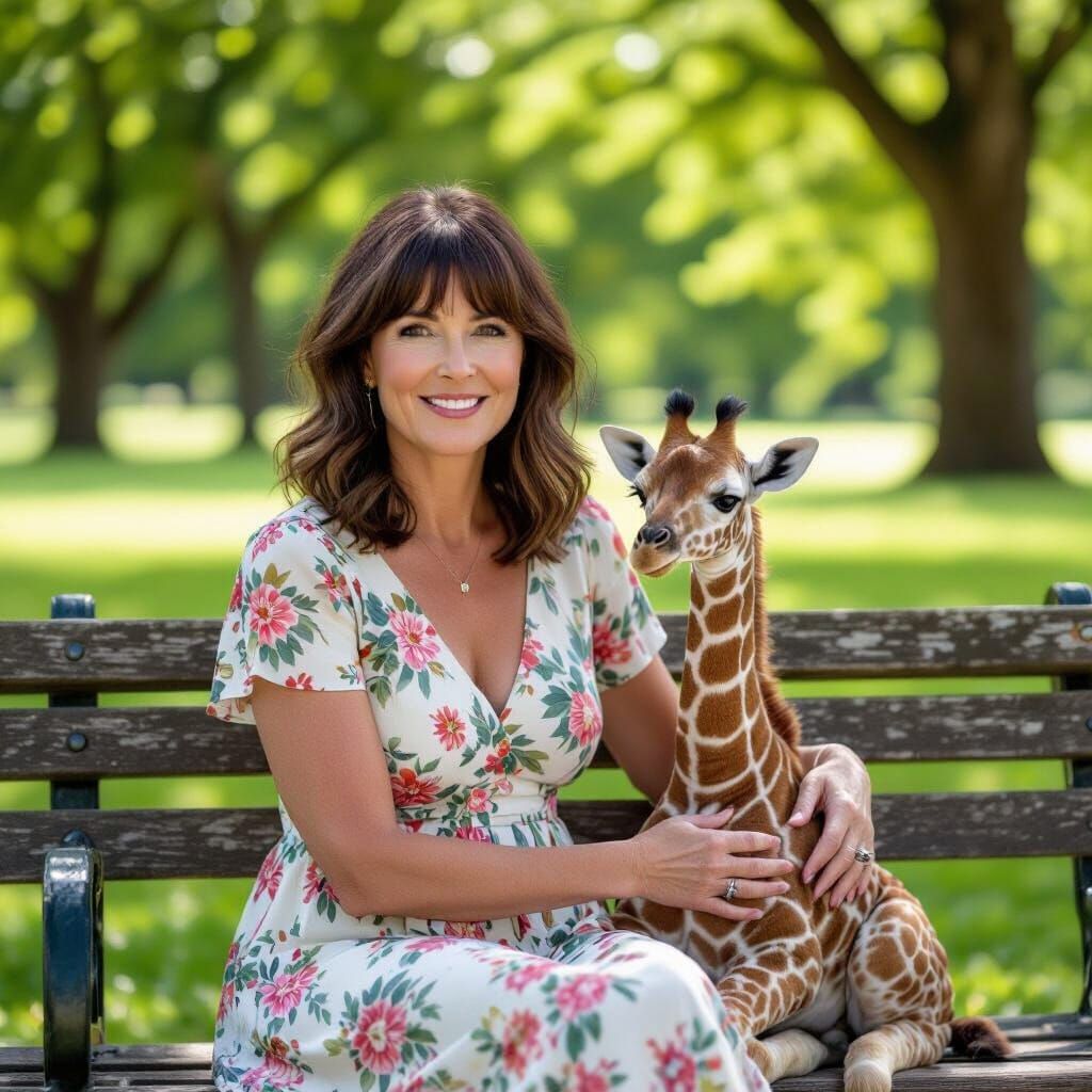 Kind-Faced Woman with Miniature Giraffe in Sunny Park