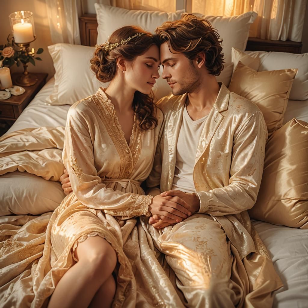 Romantic Lovers Embracing in Candlelight: Oil Painting