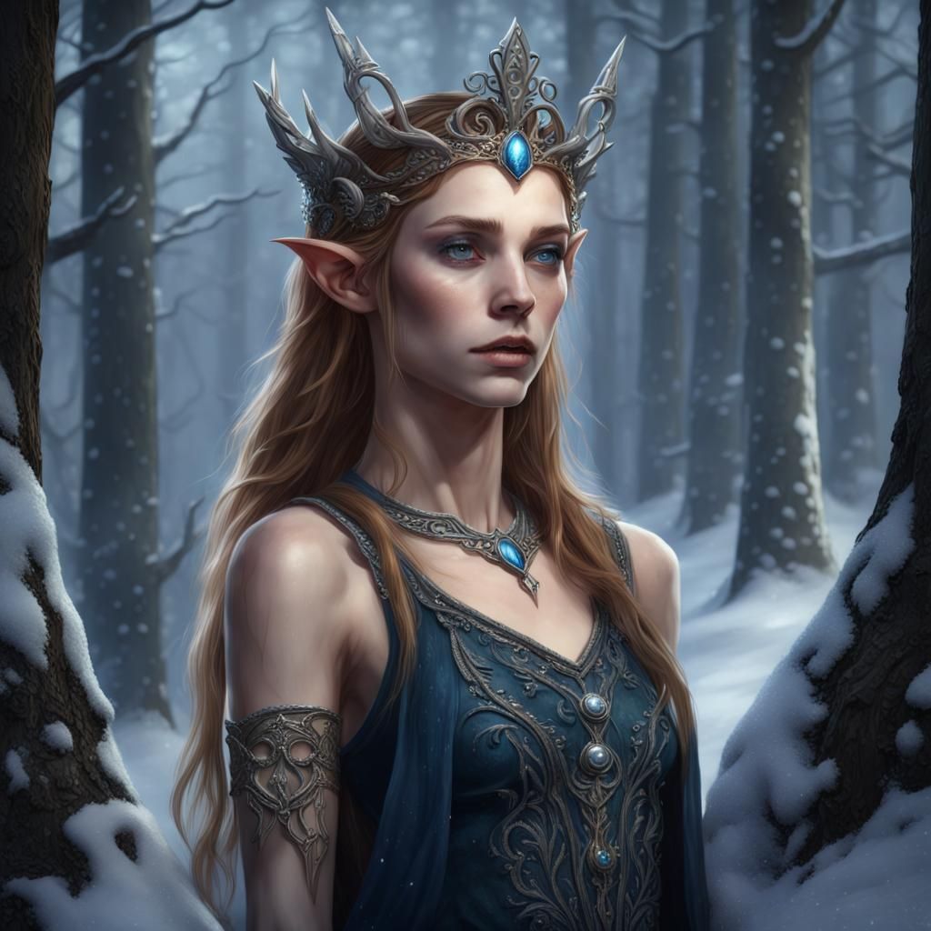 Female Elf with Crown in Snowy Forest