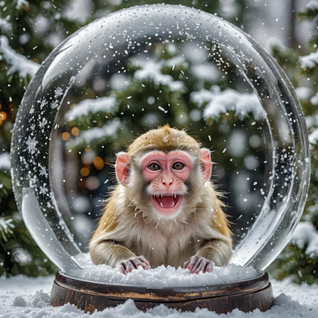 Macaque Monkey Smiling in Snow Globe
