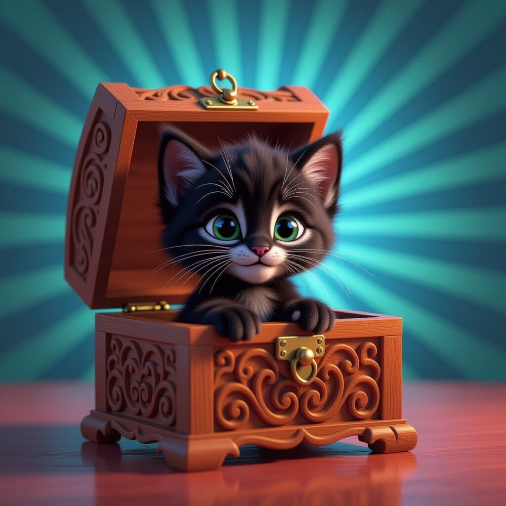 Pixar-Style Kitten Peeking From Carved Wooden Box