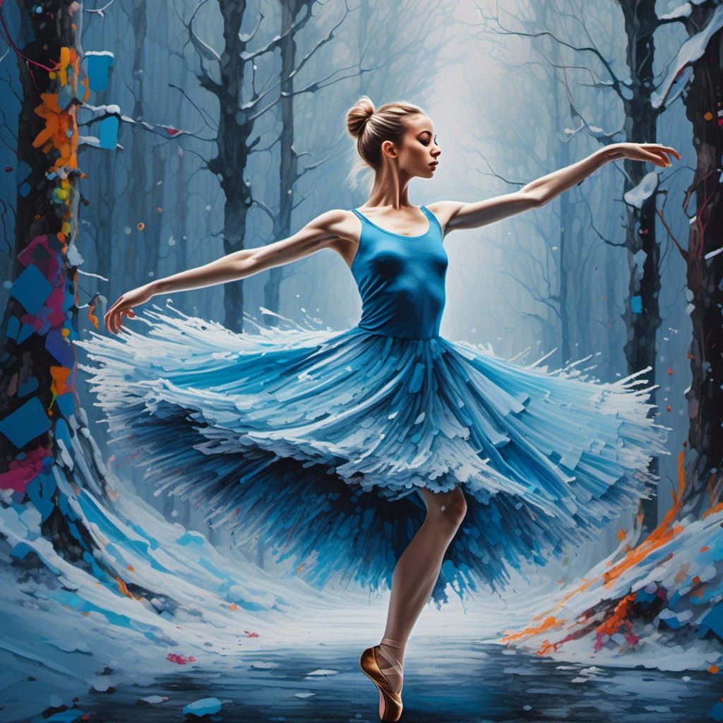 Ballerina Dances in Winter Forest in Graffiti Art Style