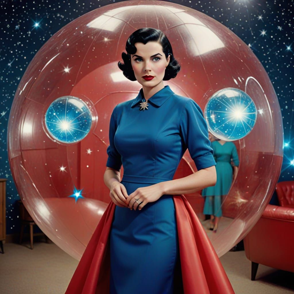 Futuristic 1950s Housewife in a Cosmic Setting