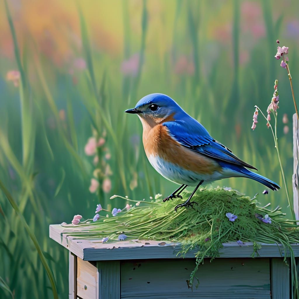 🌿 Eastern Bluebird in the Morning Light
An Eastern Bluebird (Sialia sialis) perched at the edge of its wooden nesting b...