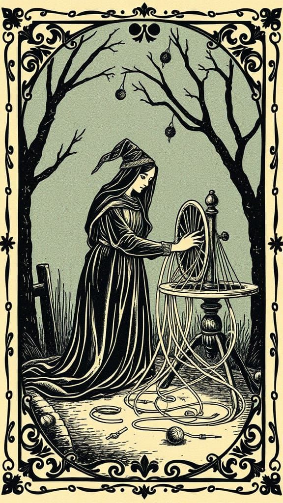 Medieval Whispers: Enchanted Spindle Scene in Block Print St...