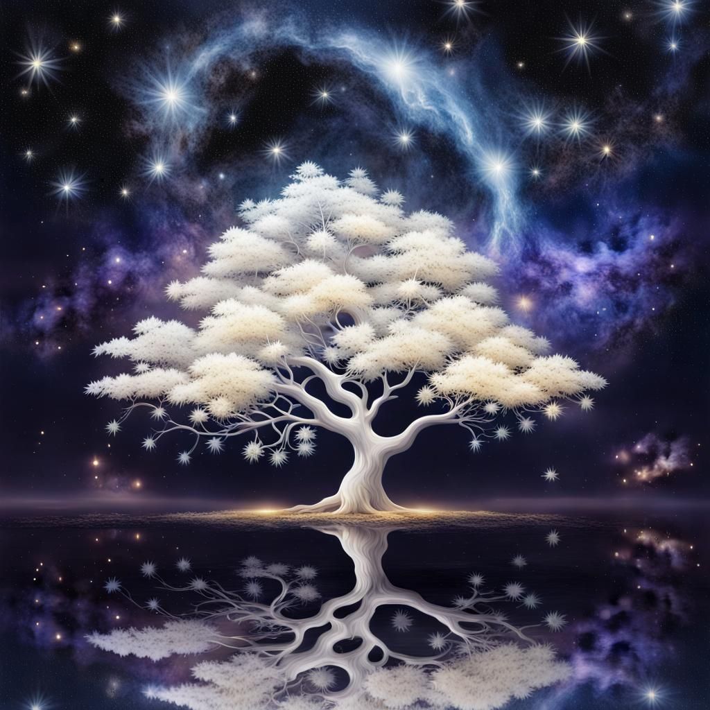 Luminescent White Tree Under a Starry Night Sky