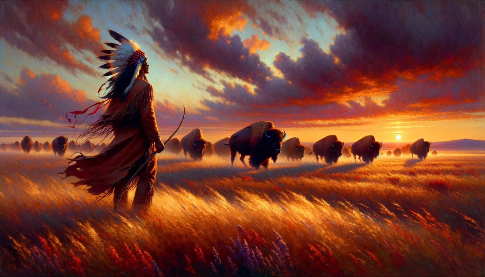 Cherokee Chief Silhouetted on Windswept Prairie