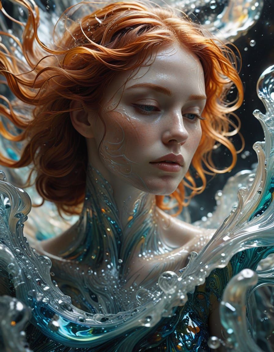 Redhead Woman with Molten Glass Waves, Abstract Expressionis...