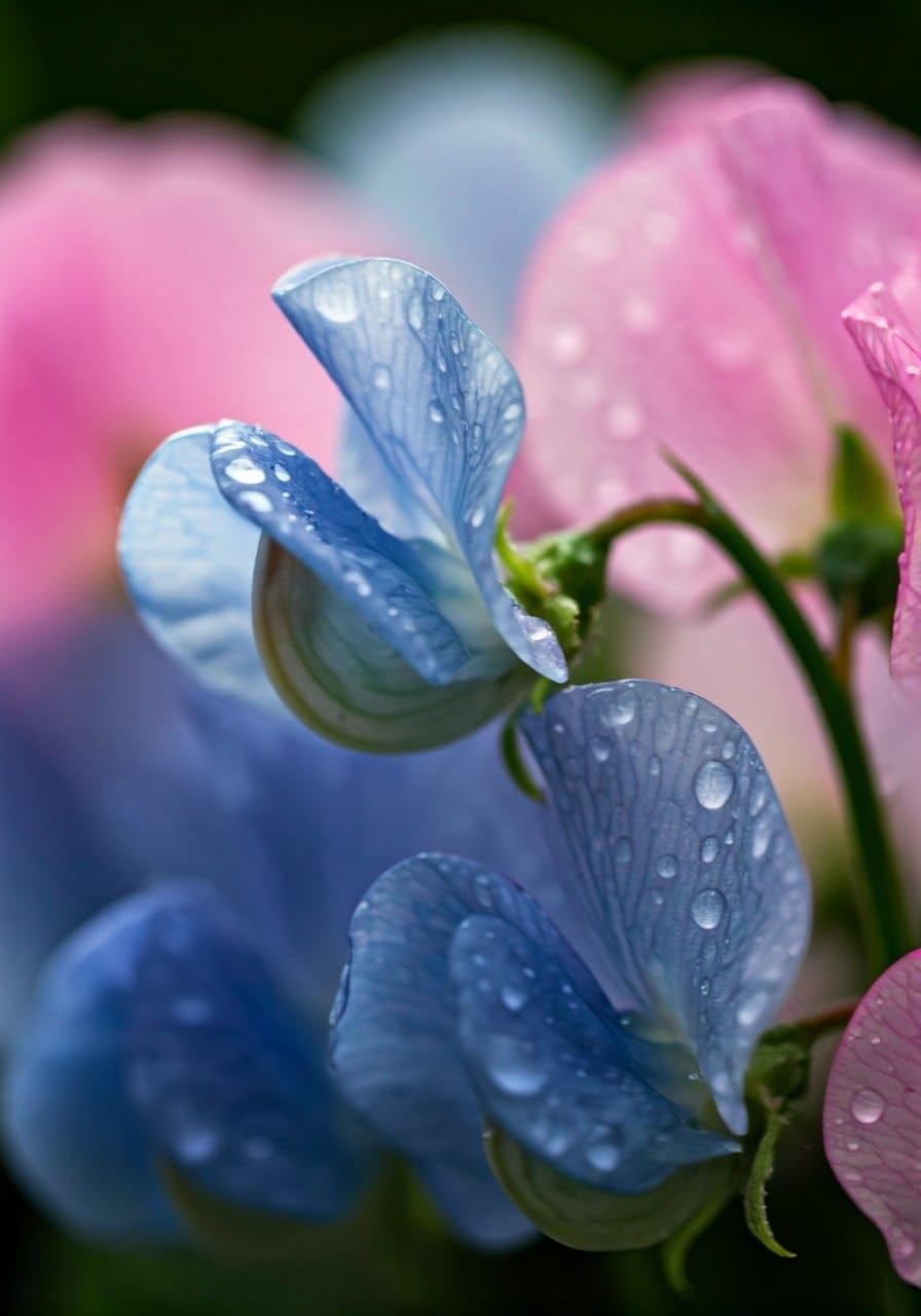 Macro Photo of Dewy Light Blue and Pink Sweet Peas