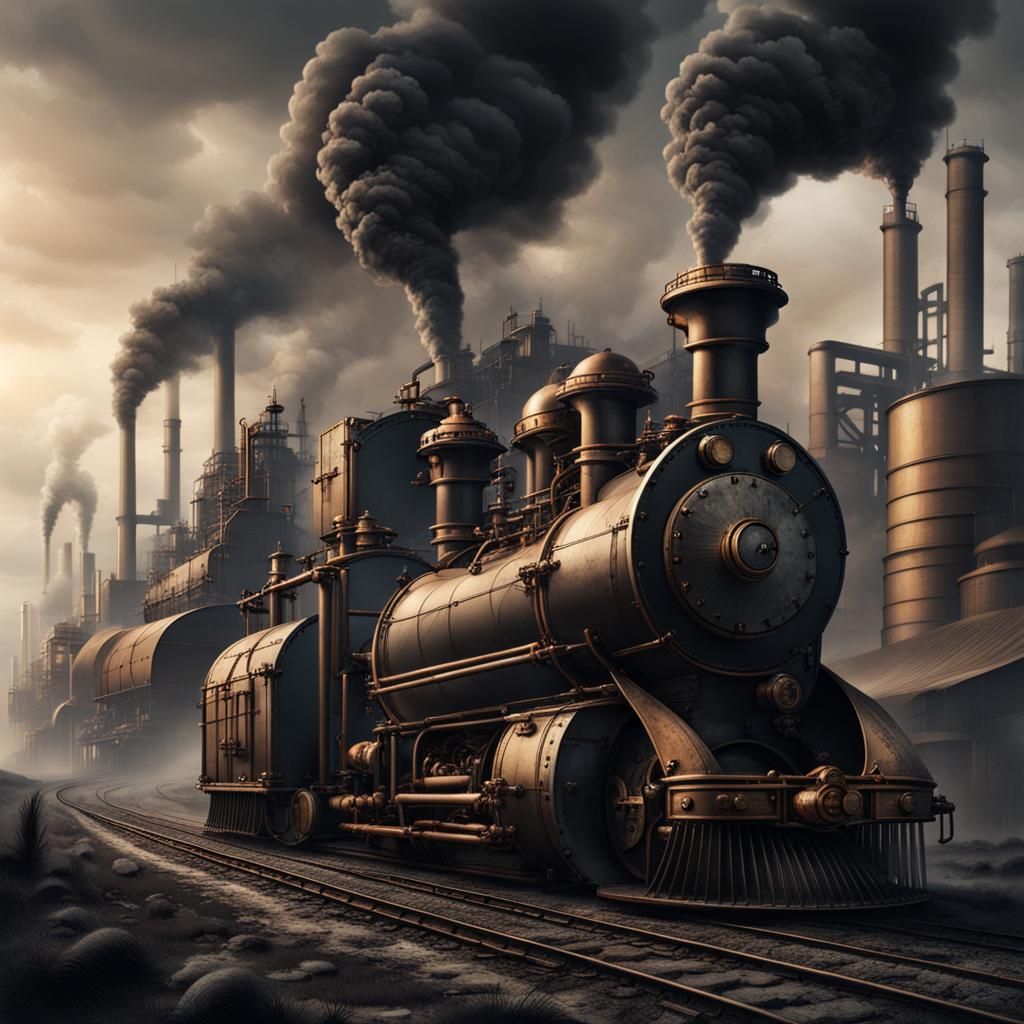 Steampunk Factories Landscape with Black Smoke
