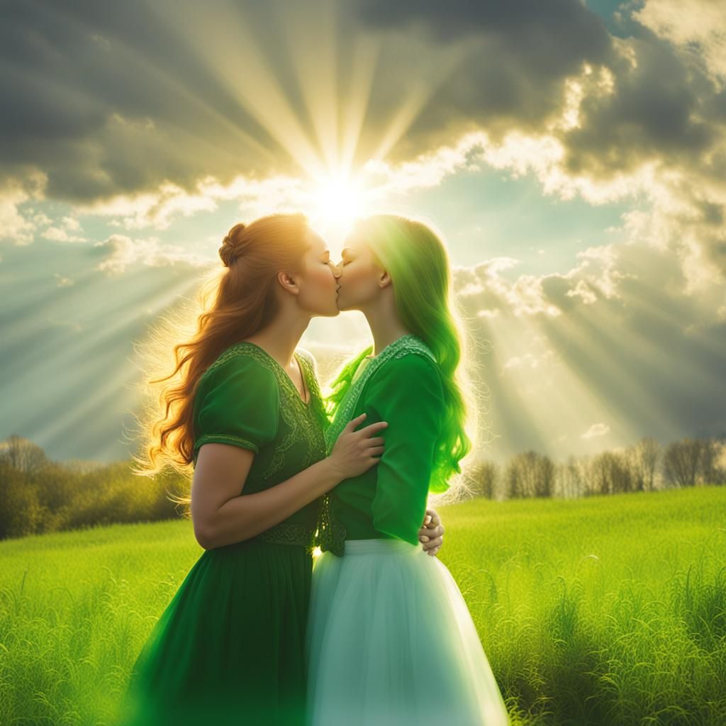 Women Kissing in Divine Sunlight on St. Patrick's Day