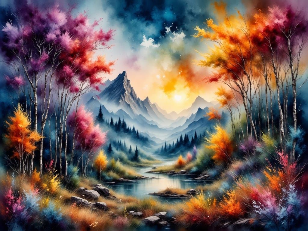 Ethereal Valley in Watercolor Impasto Style